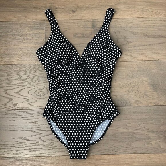 Byron Bay Swim Nylon Spdx V Neck One Piece Polka Dot Swim Suit Blk Wht Sz 8 NWOT - Picture 1 of 12